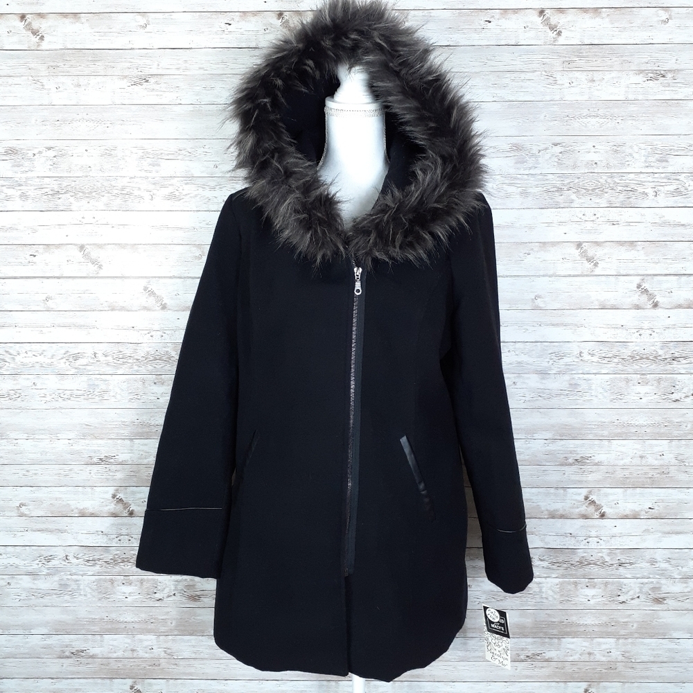 Maralyn & Me Coat XL Faux Fur Trim Asymmetrical Zipper F